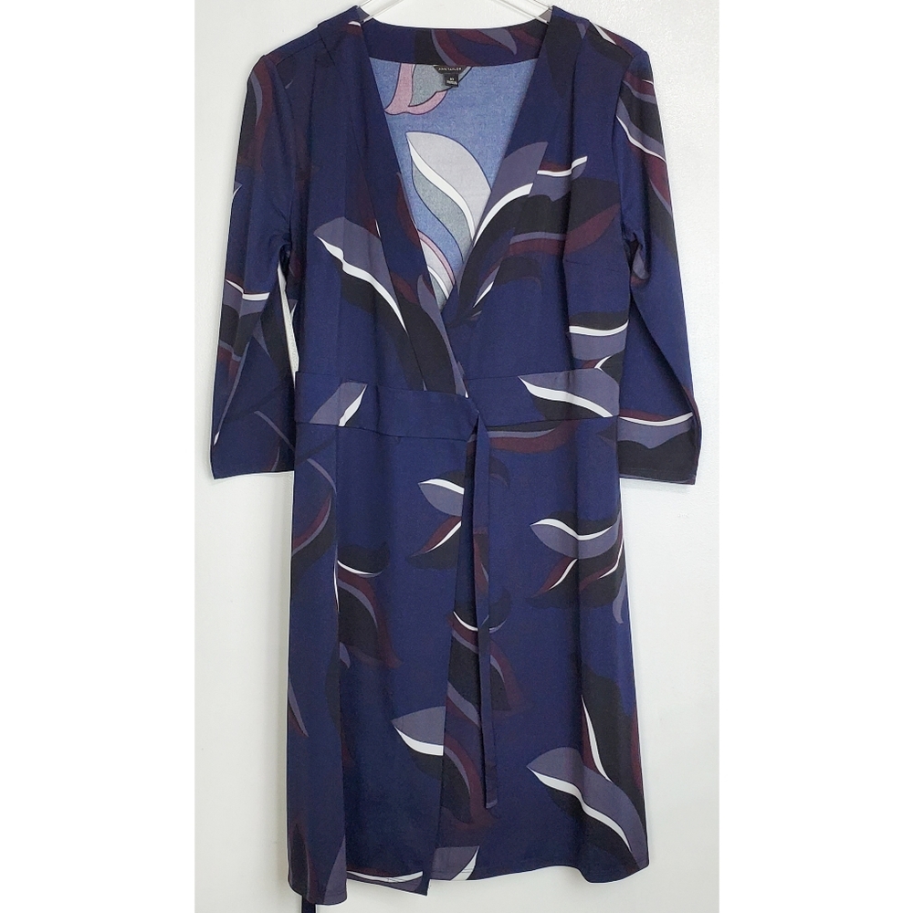 Ann Taylor Navy Blue and White Abstract Wrap Dress